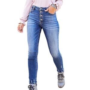 Kancan Mid Rise Destroyed Hem Medium Wash Skinny Jeans Size 26